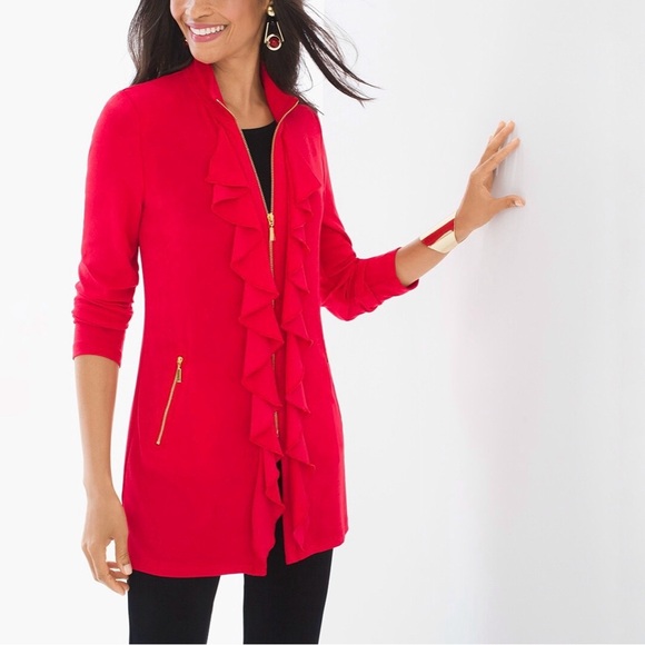 NWT TRAVELERS By Chicos Classic Ruffle Jacket Red 1 Medium Zipper - Picture 3 of 6